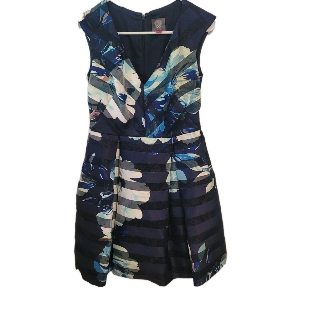 Vince Camuto 4 Blue Green Floral Pleated Sleeveless Dress Formal Wedding Elegant